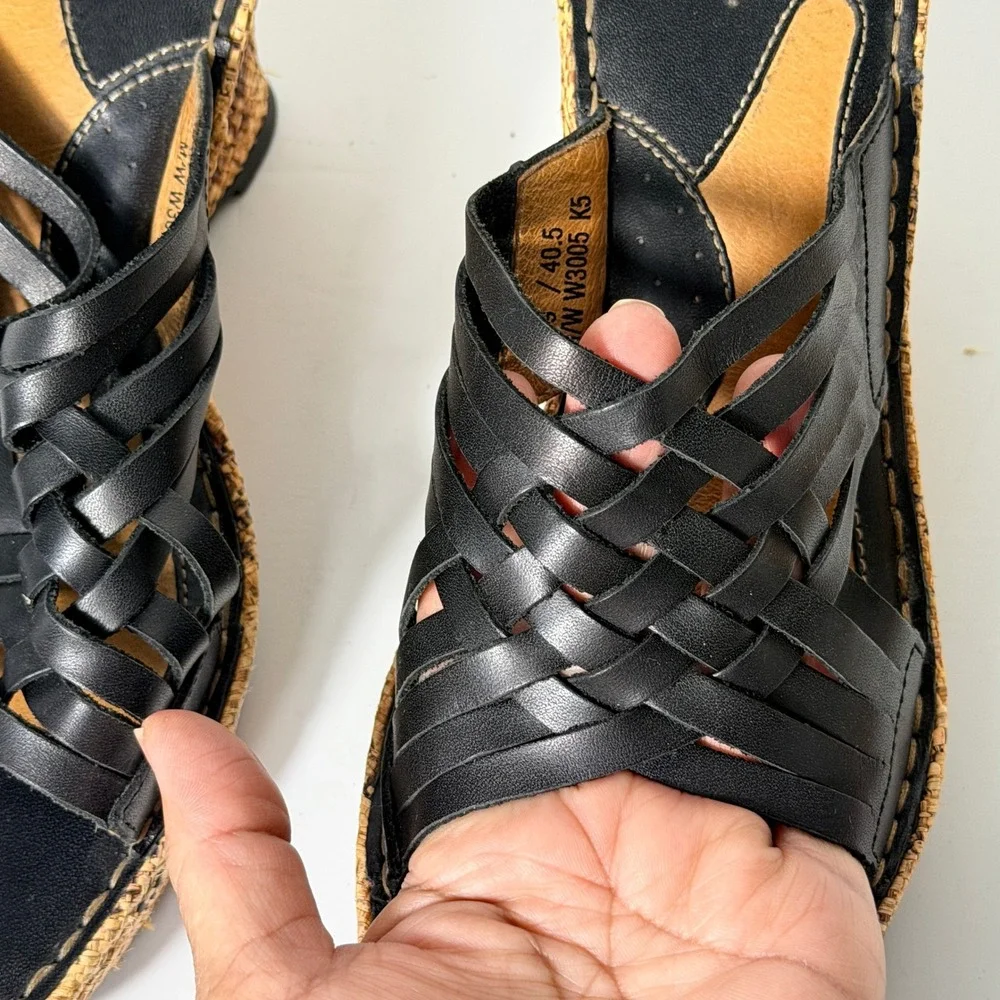 Born Drilles Woven Wedge Sandals Womens Size 9 Black Leather Raffia Boho‎